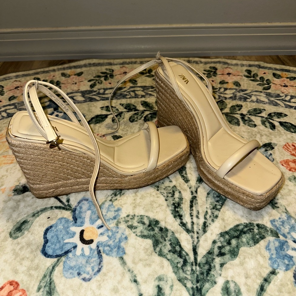 Zara Cream and Tan Wedge Sandals